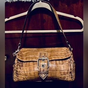 Dooney & Bourke Crest Brown Crocodile Embossed Buckle Accent Under Arm Bag
